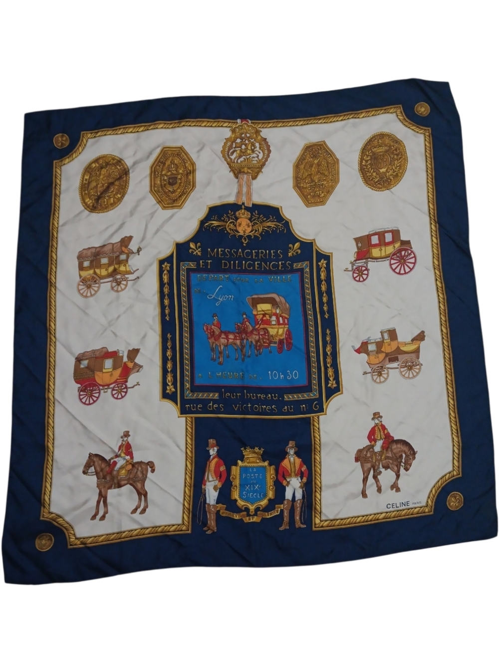 #EE Celine Blue, White and Gold Silk Scarf with Equestrian Carriage Motif